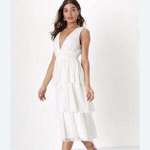 Lulus White Midi Swiss Dot Tiered Dress Large